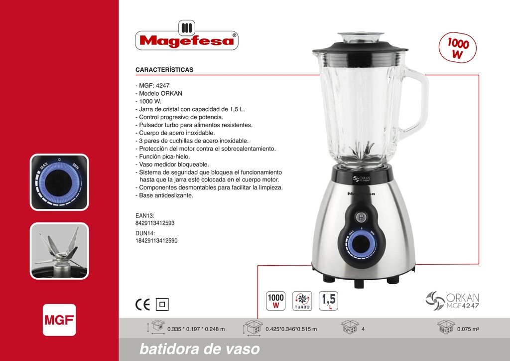 BATIDORA VASO MAGEFESA MGF4247 1000W 1,5L INOX V/C